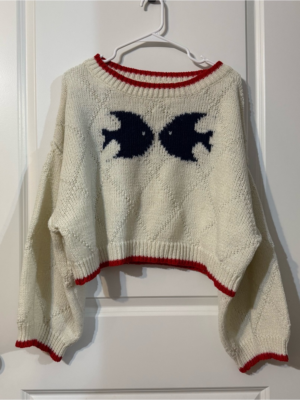 Kissing Fish Cropped Knit Sweater Size Small oversized Cream Red Trim